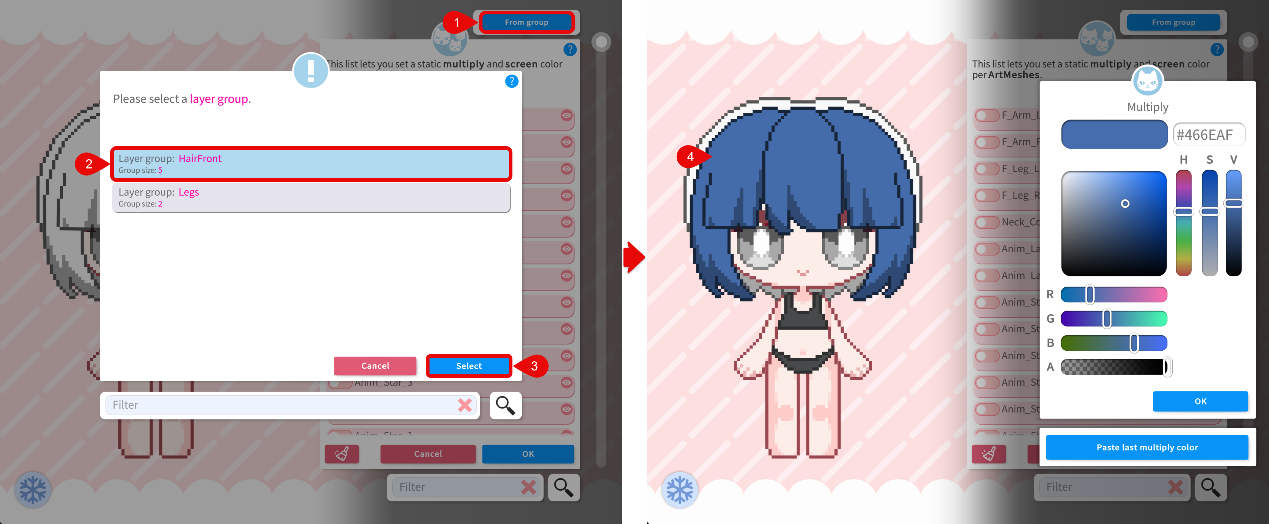 Edit multiply/screen color using a layer group